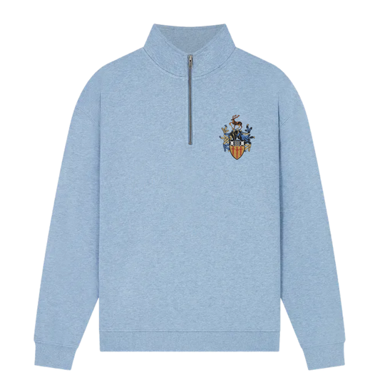 A light blue heathered quarter-zip sweatshirt with the University of Surrey crest embroidered on the left chest, displayed on a clean white background.